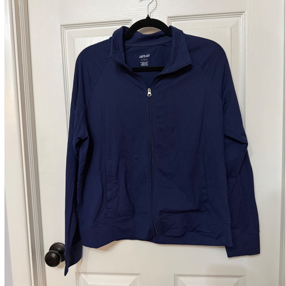 Aerie Womens Navy Blue Full Zip Track Jacket Mock Neck Activewear Large‎